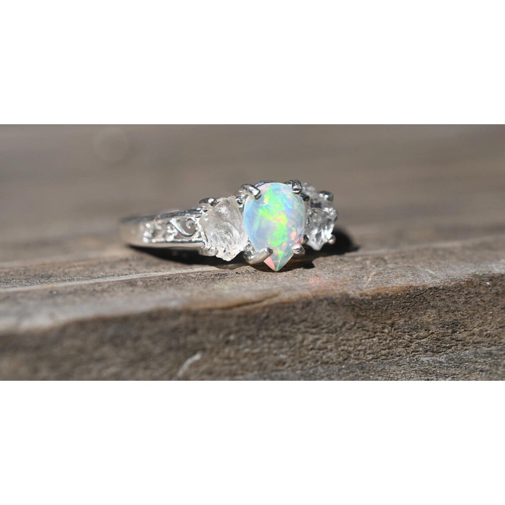 Engagement ring crystal wedding ring, Ethiopian opal  sterling silver size 3 4 5 - Picture 4 of 8